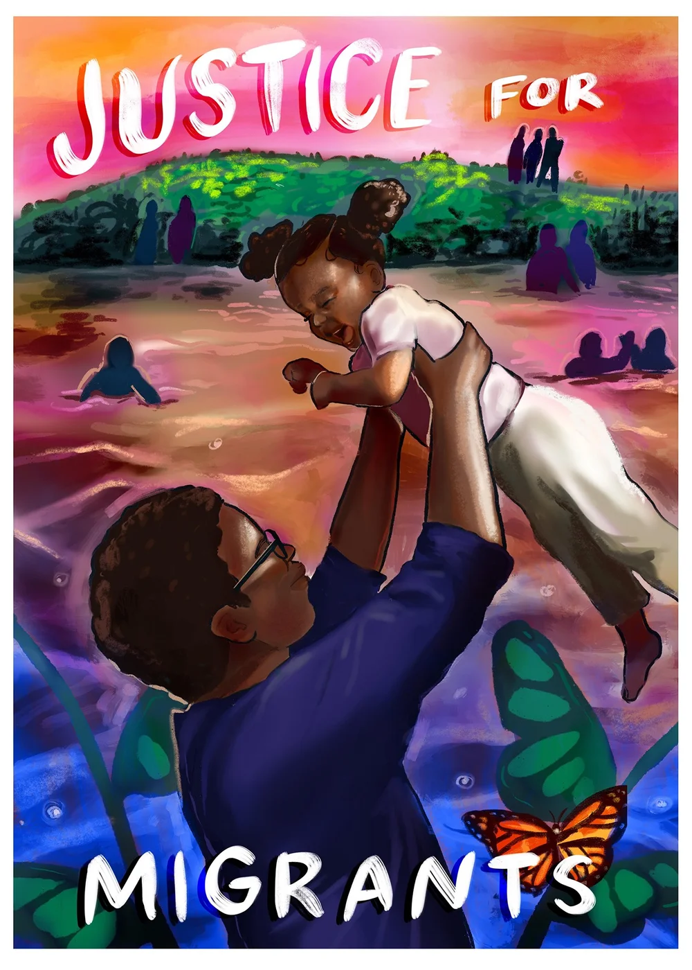 Father lifts joyful child at sunset over green hills and water, with text 'Justice for Migrants'
